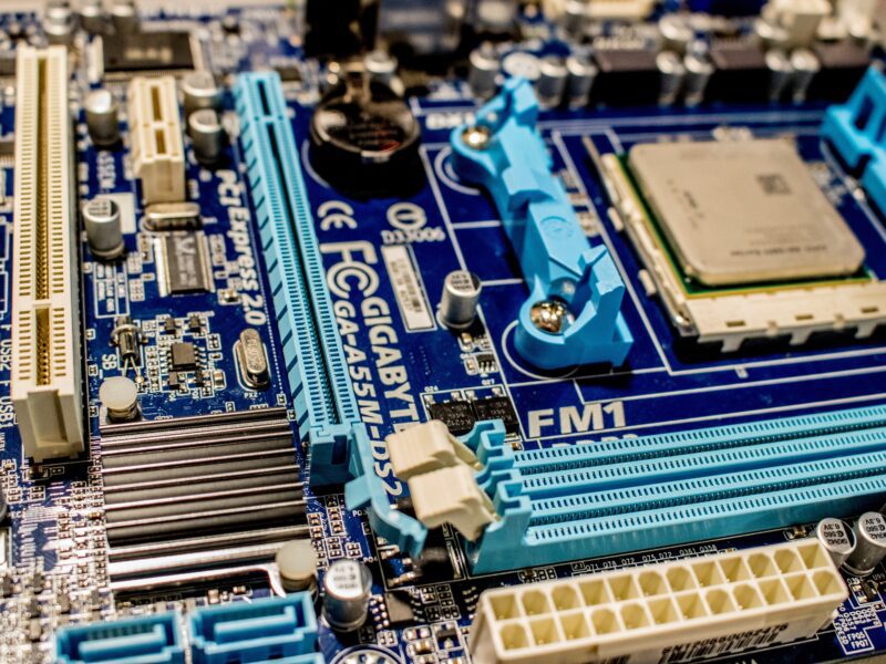 A circuit board with semi conductors.