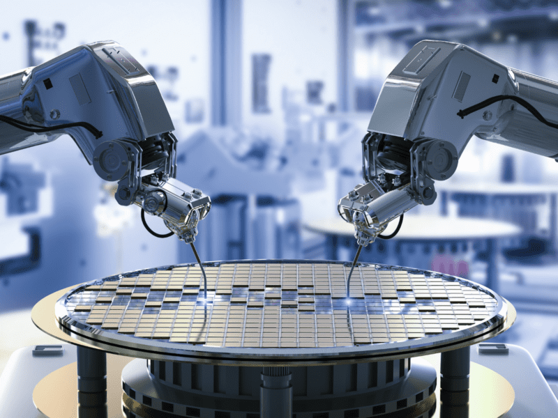 A pair of robotic arms working on a semiconductor plate.