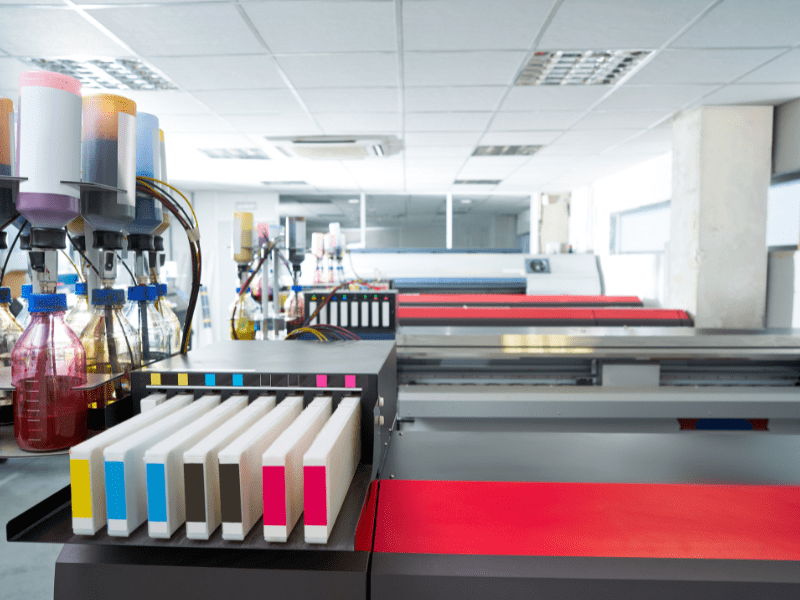 Textile printing apparatus in a production setting.
