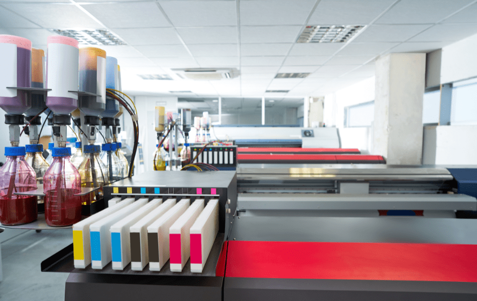 Textile printing apparatus in a production setting.