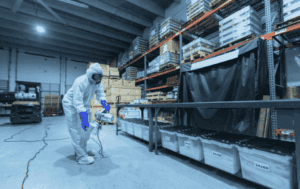 Worker Using Dry Fog For Disinfection