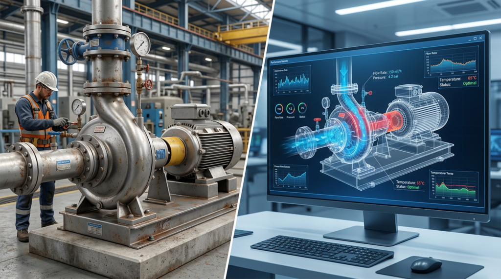 Digital twin visualization of an industrial pressure system shown alongside its physical counterpart