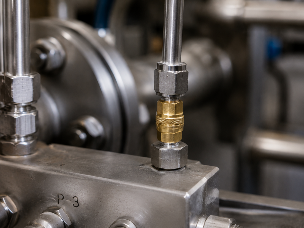 Brass snubber fitting installed on a stainless steel pressure sensing line to dampen transient pressure spikes and prevent false trips in industrial systems