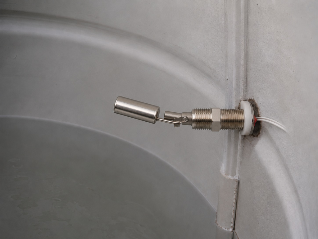 A photorealistic close-up of a small float switch mechanism mounted on the exterior sidewall