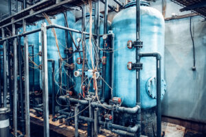 Water clarification system or purifying filter equipment in steel factory. Old used filters become ripe for replacement