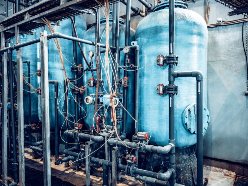 Water clarification system or purifying filter equipment in steel factory. Old used filters become ripe for replacement