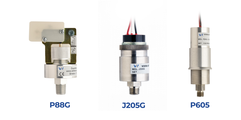 Whitman Controls pressure switch models including the P88G Series, J205G Series, and P605 Series, designed for varying deadband and differential requirements in industrial applications